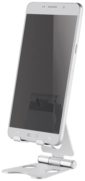 Smartphone on an adjustable, metallic stand, slightly tilted backwards. The stand has a simple, minimalist design.