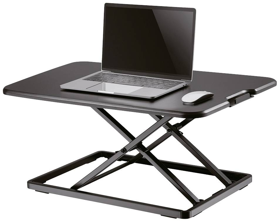 A height-adjustable laptop stand with a laptop and a mouse on top, ideal for improving ergonomics at work.