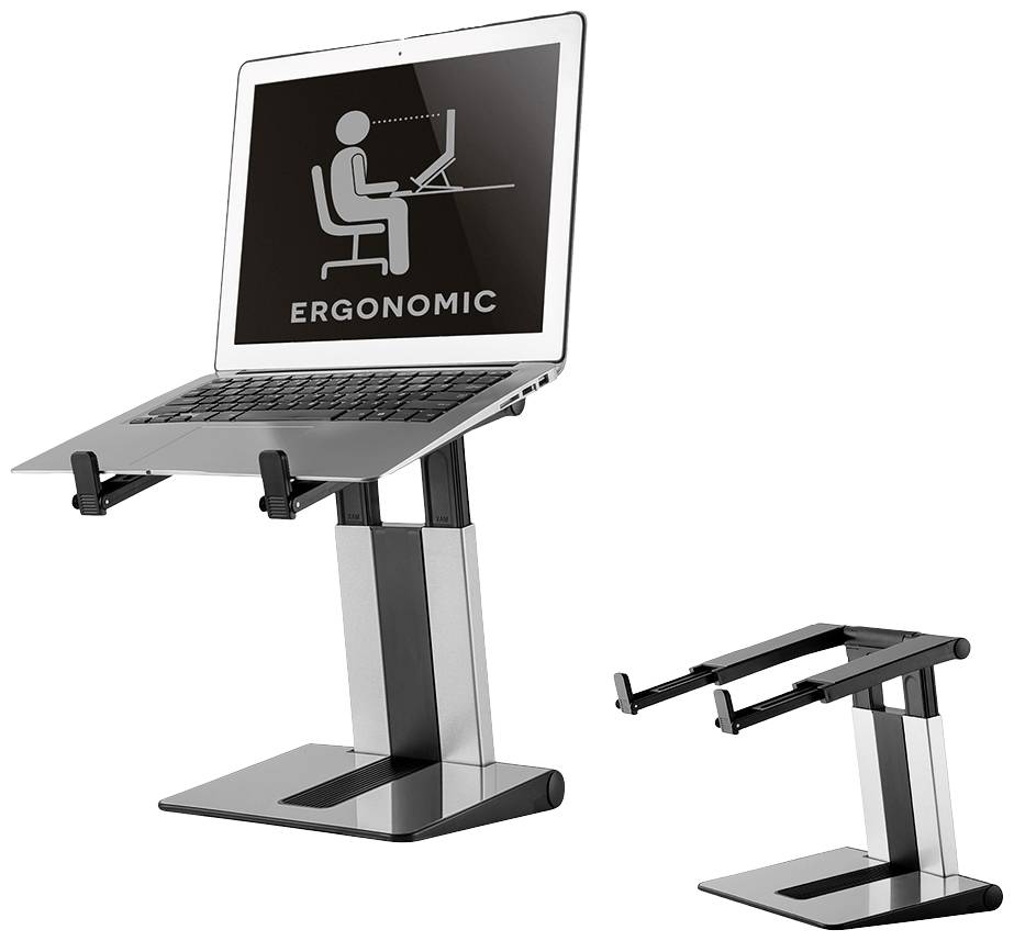 Adjustable laptop stand in a metallic finish, holds laptop in an ergonomic position. Perfect for enhanced comfort at the workplace.