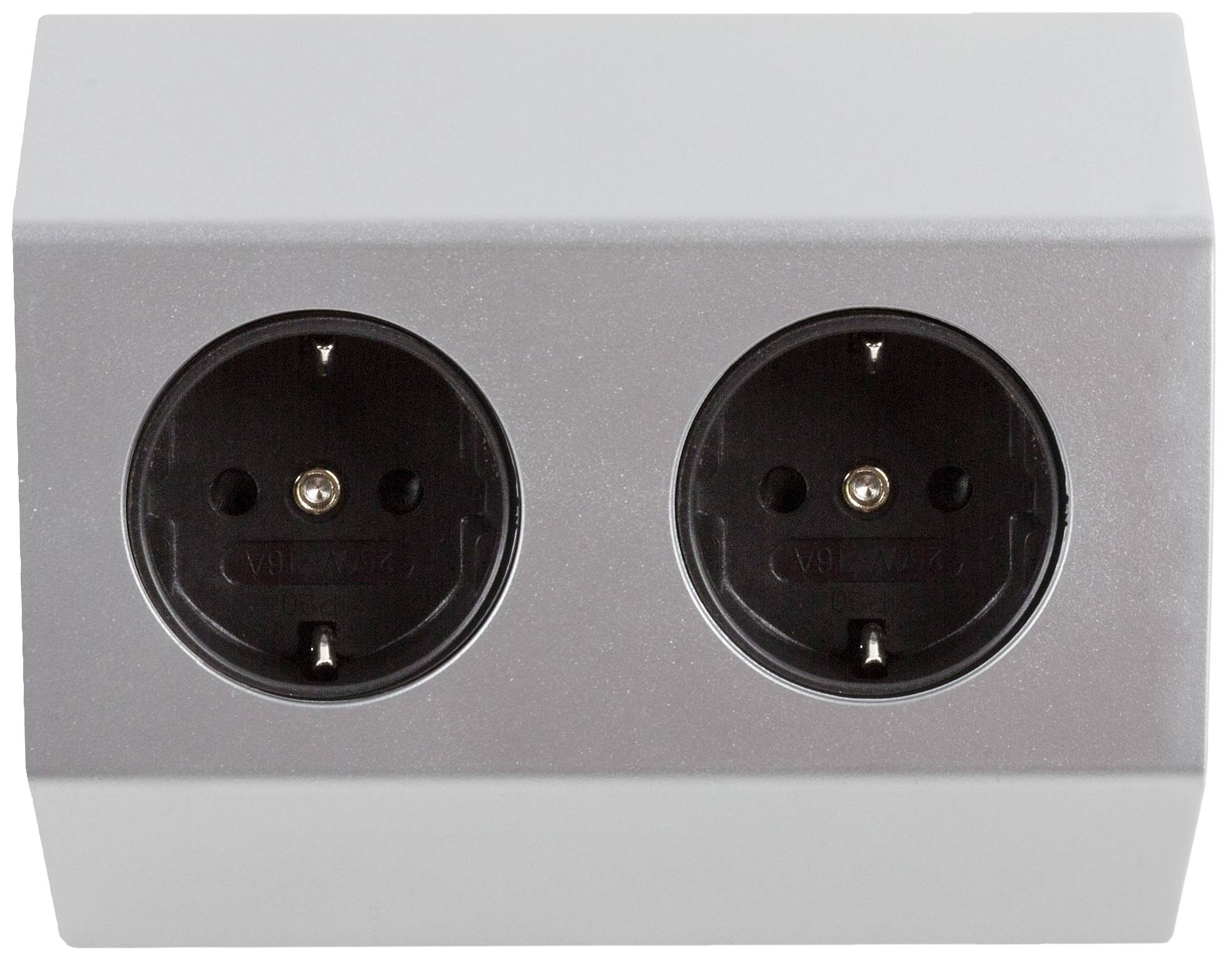 Double wall socket in a silver casing with two earthed power outlets.