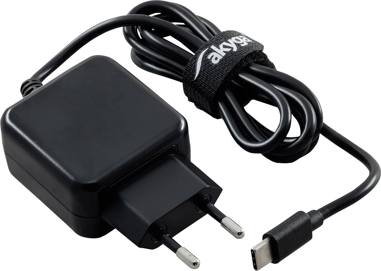 Black USB-C charger with power adapter and cable on white background.