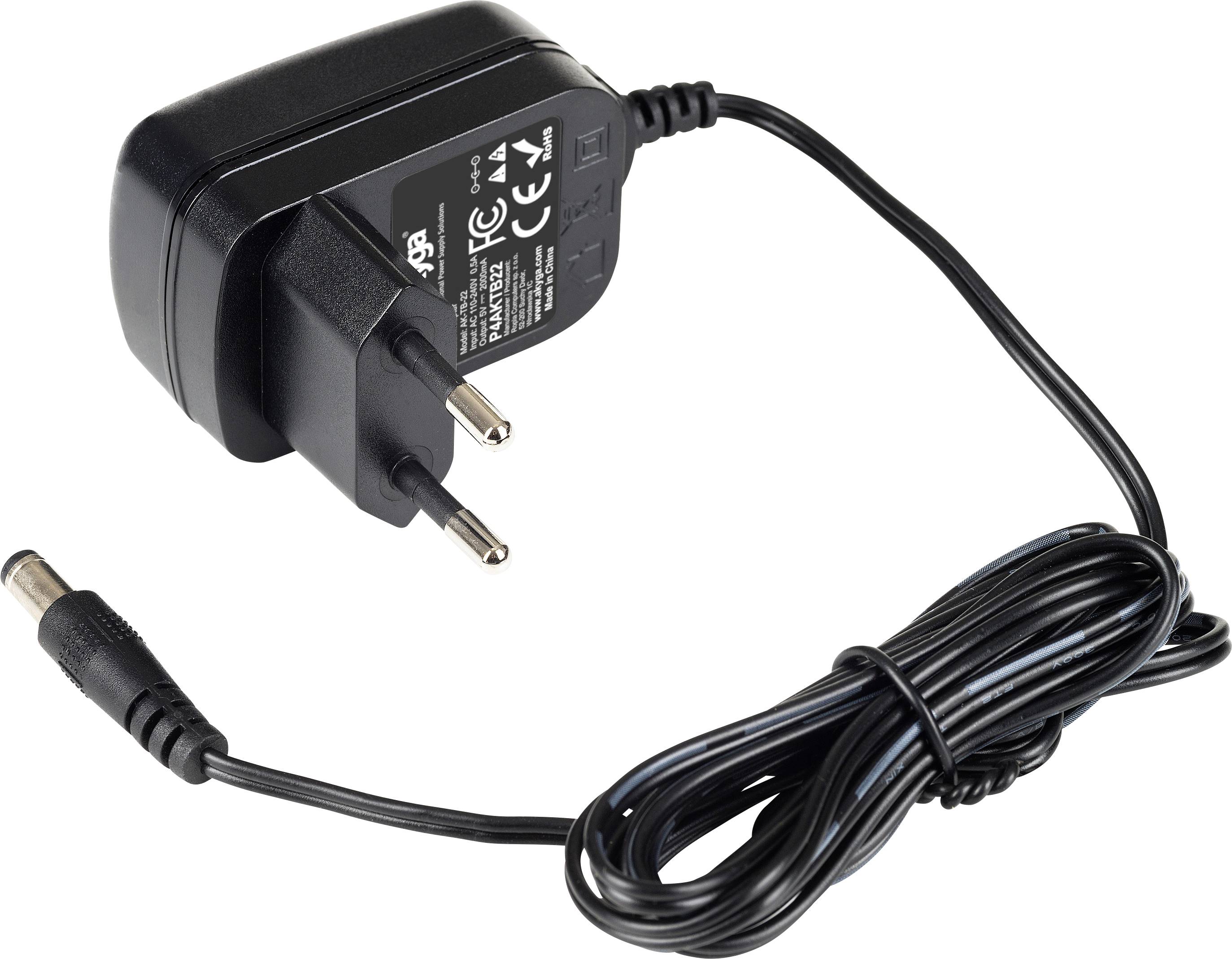 Black power adapter with European plug and cable, suitable for electronic devices. Technical information on the top side.