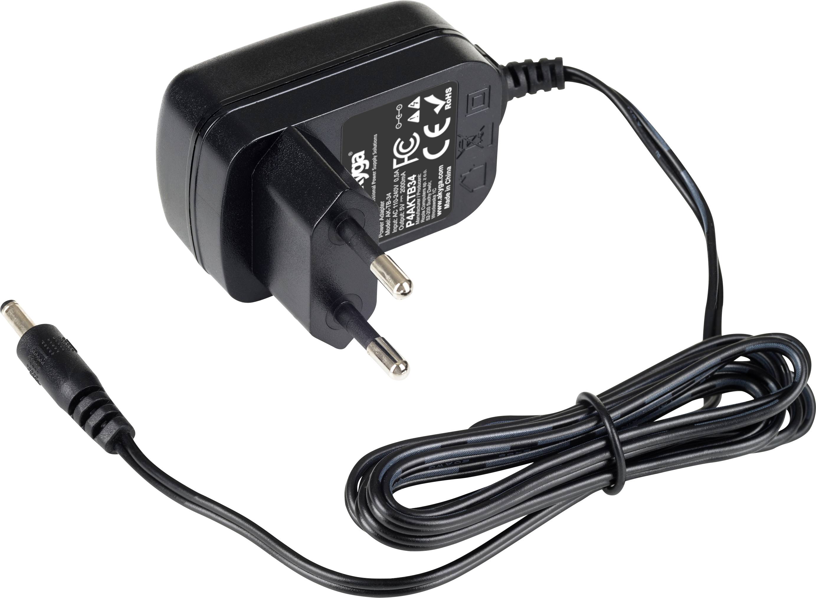 Black power supply with European plug, long cable and safety certifications on the casing.
