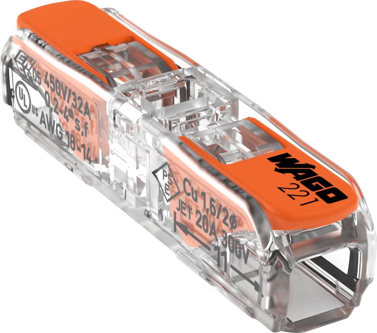 Transparent electrical connector with an orange top surface and labelling; suitable for 450V/32A, 20-14 AWG wire.