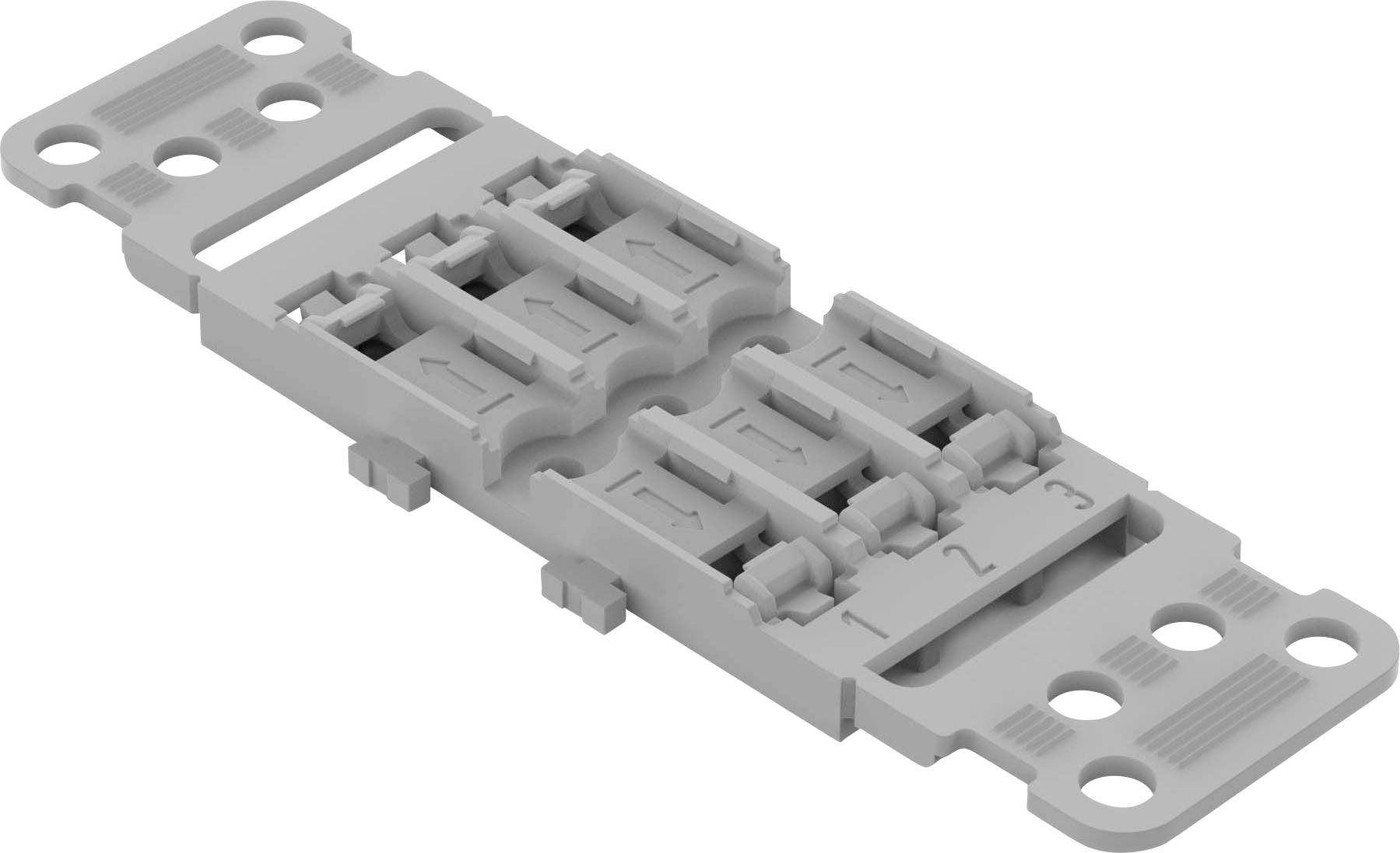 Grey connector with six sockets, numbered from 1 to 3 on each side. Used in electrical or electronic applications.