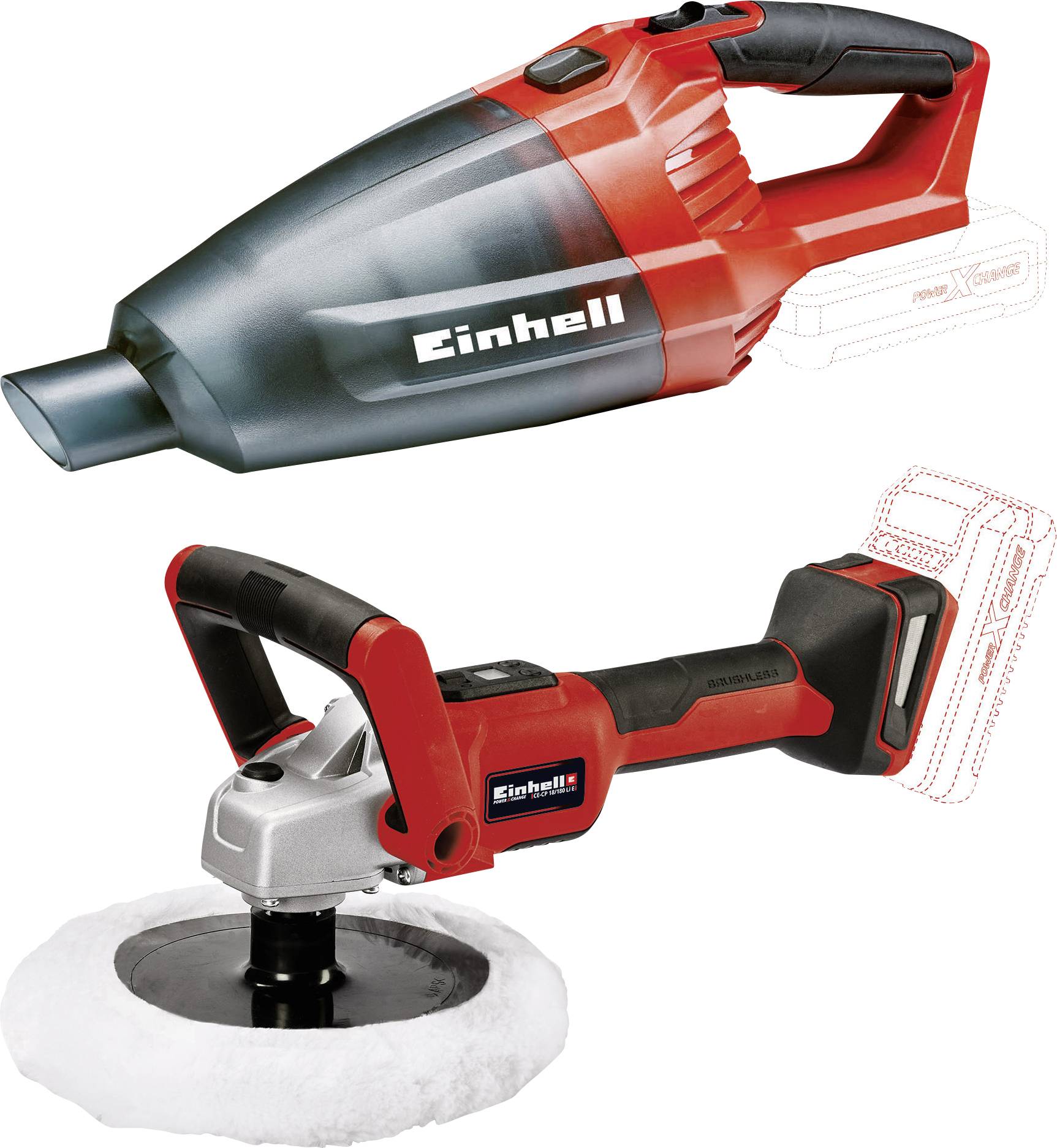 Einhell cordless vacuum cleaner and polishing machine, both wireless, in red and black. The vacuum cleaner has an ergonomic handle.