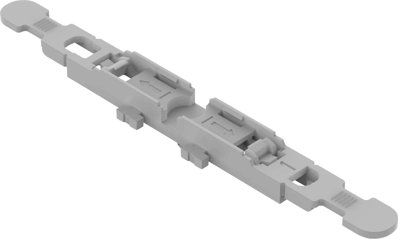 A grey, rectangular plastic component with multiple indentations and protrusions, potentially a connecting element or part of a device.
