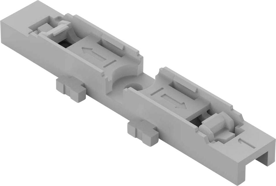 Grey plastic holder with two integrated clips and arrows pointing in opposite directions.