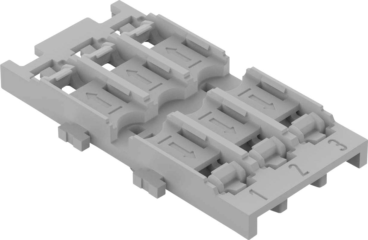 Grey plastic plug with three connection points, numbered 1 to 3. Arrows indicate the insertion direction, ideal for secure connections.