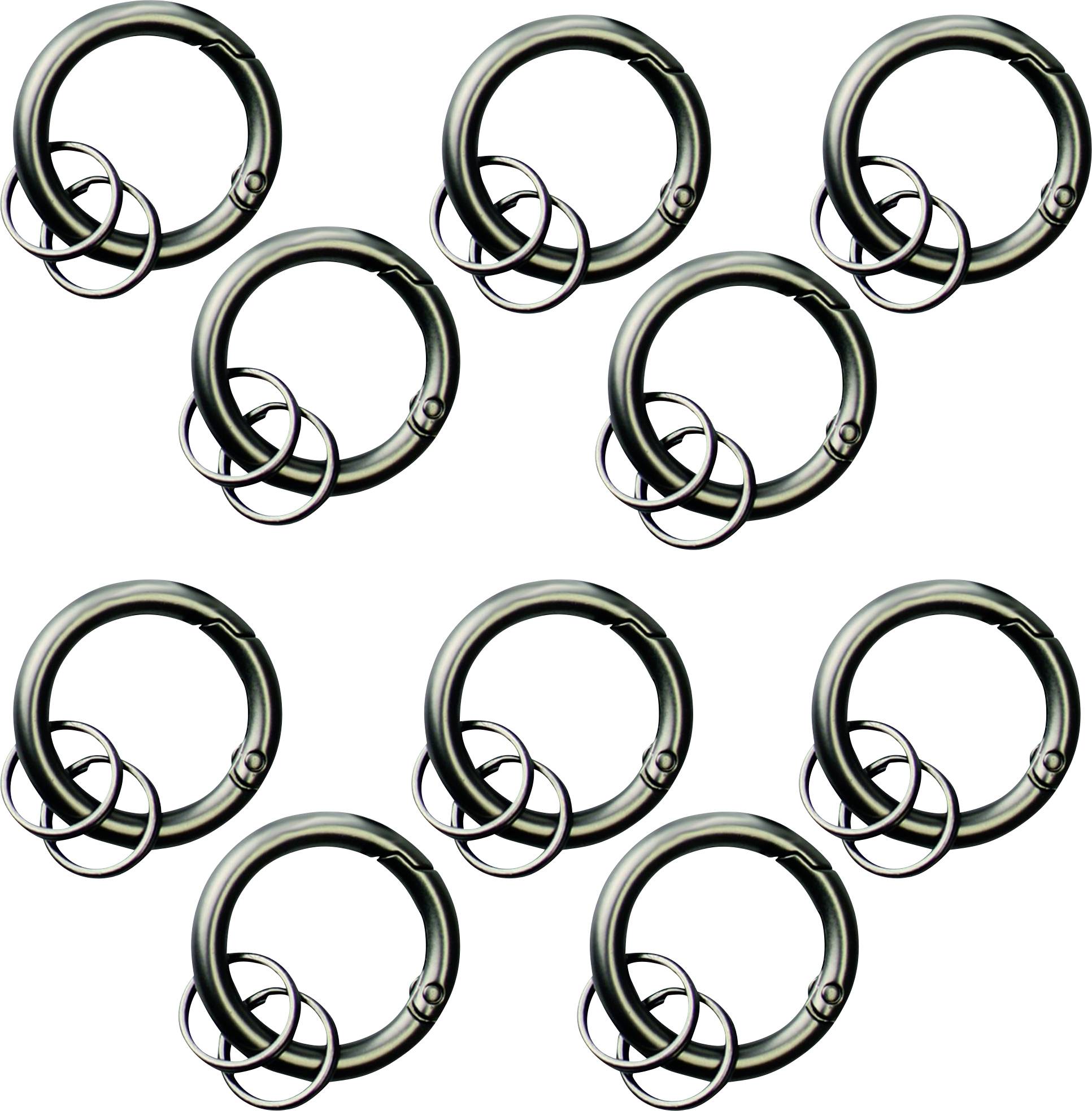 Nine interlocking metal rings forming a connected pattern.