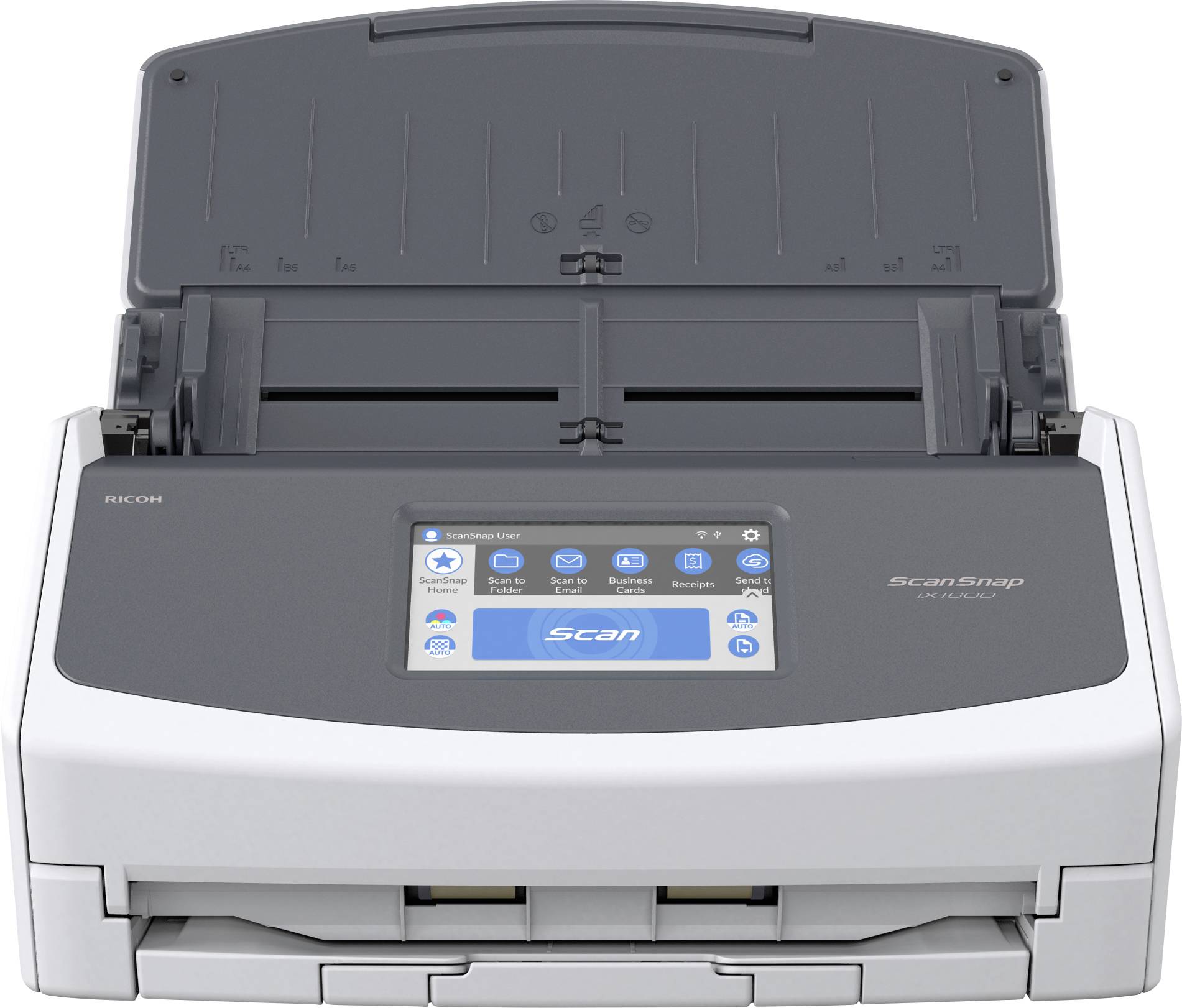 Scanner device with an open lid, featuring a control panel and scan button at the front.