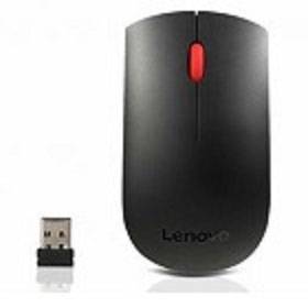 A black wireless computer mouse with a red scroll wheel, next to a USB receiver.