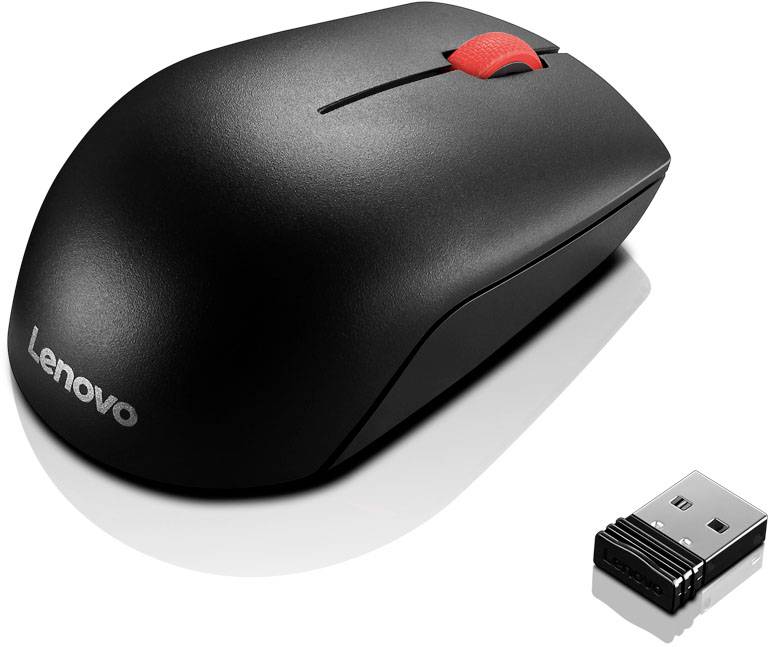 Black wireless Lenovo mouse with red scroll wheel, with a USB receiver beside it.
