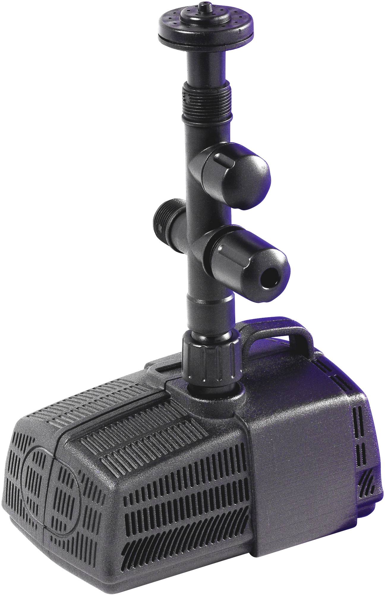 Water pump with vertical pipe and two connecting pieces, suitable for use in aquariums or garden ponds.
