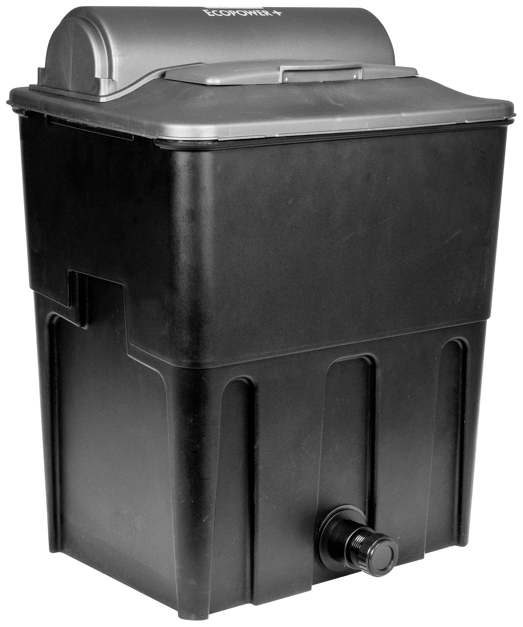 Black waste water tank with lid and drainage valve, suitable for use in motorhomes or boats for waste water disposal.