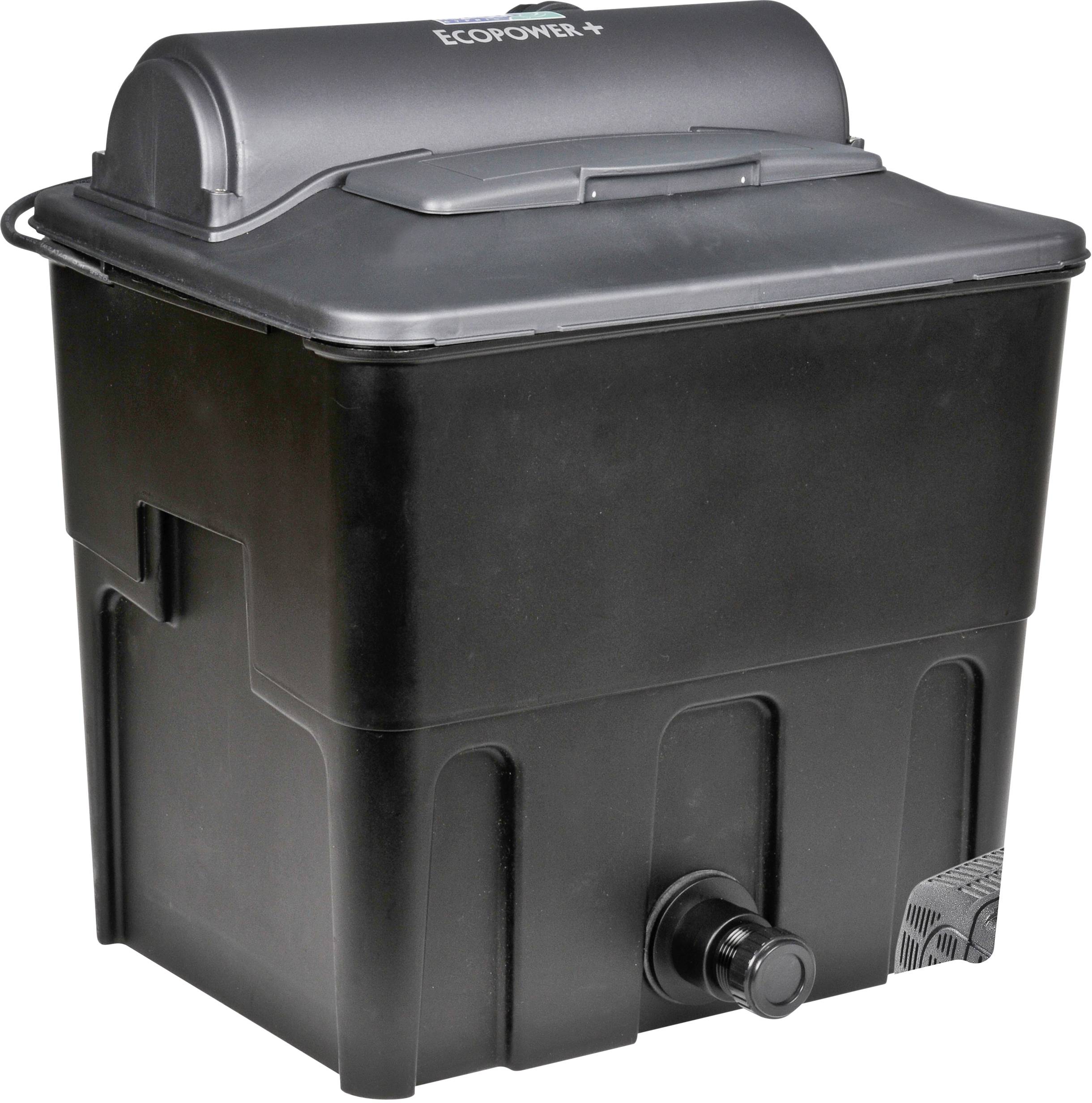 Black rectangular water filter with a grey lid and 'Ecopower+' printed on it. Suitable for ponds or aquariums.