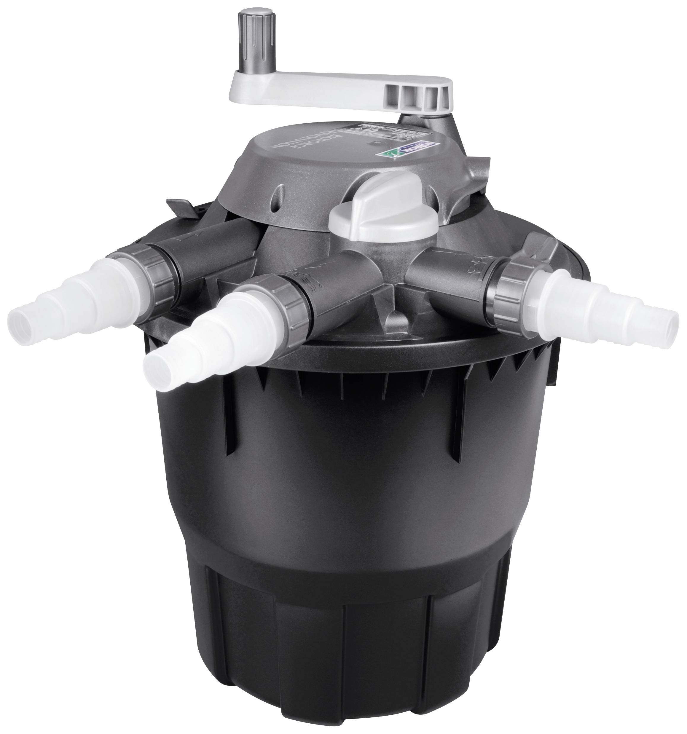 A black water filter with grey details and multiple connections.<br><br>Note: While the translation is direct, it sounds natural in British English and preserves the original description's meaning and structure.