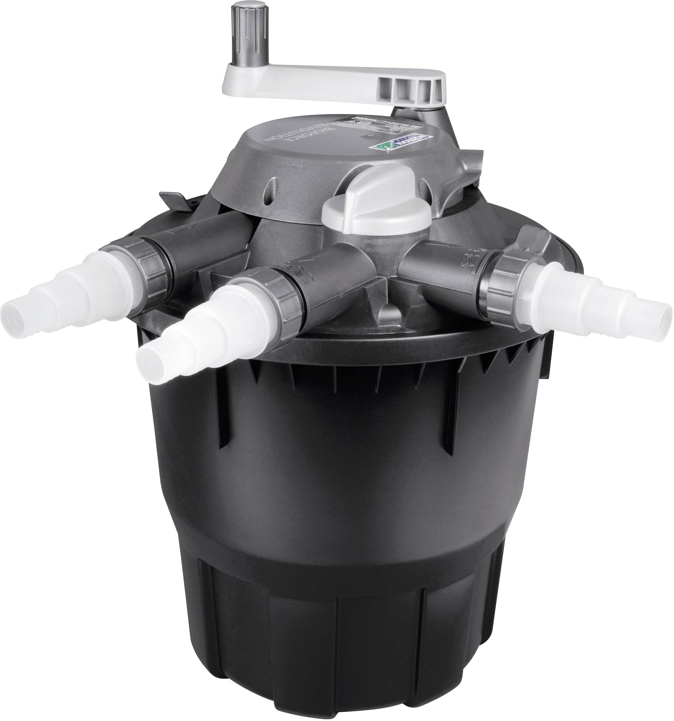 A black filter with multiple inlet and outlet ports and a rotary handle on the top surface.