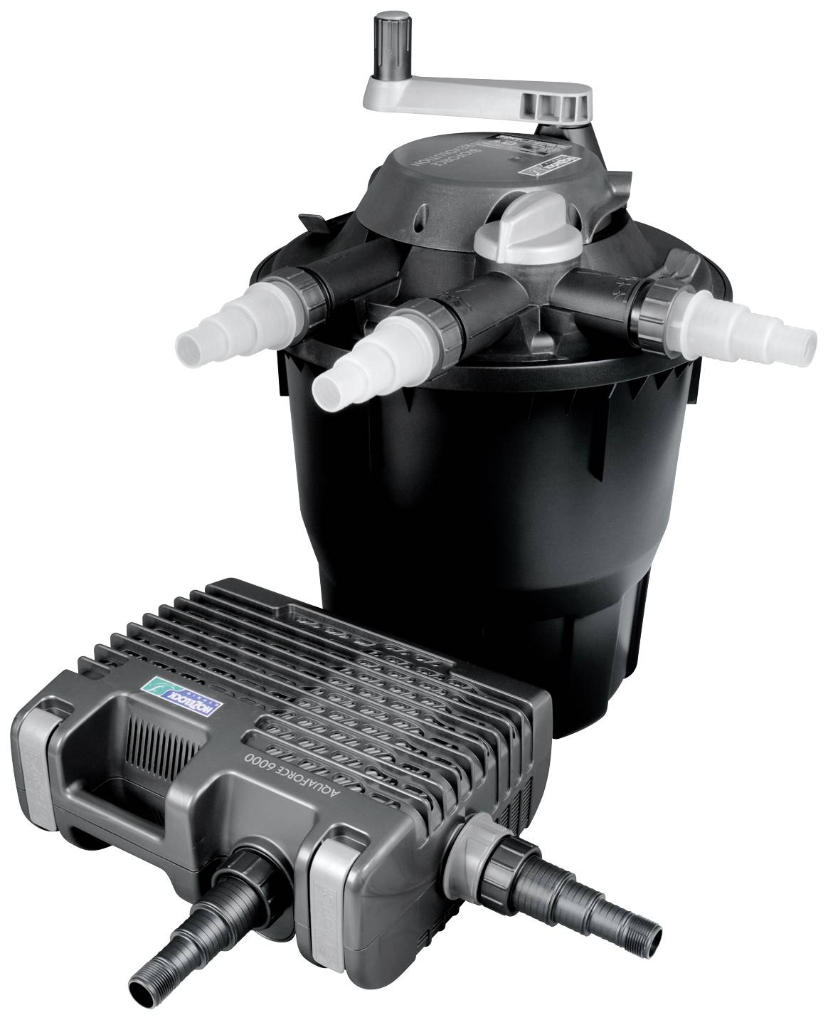 Pond filter system with a black cylindrical filter container and a rectangular grey control unit, connected by hoses.