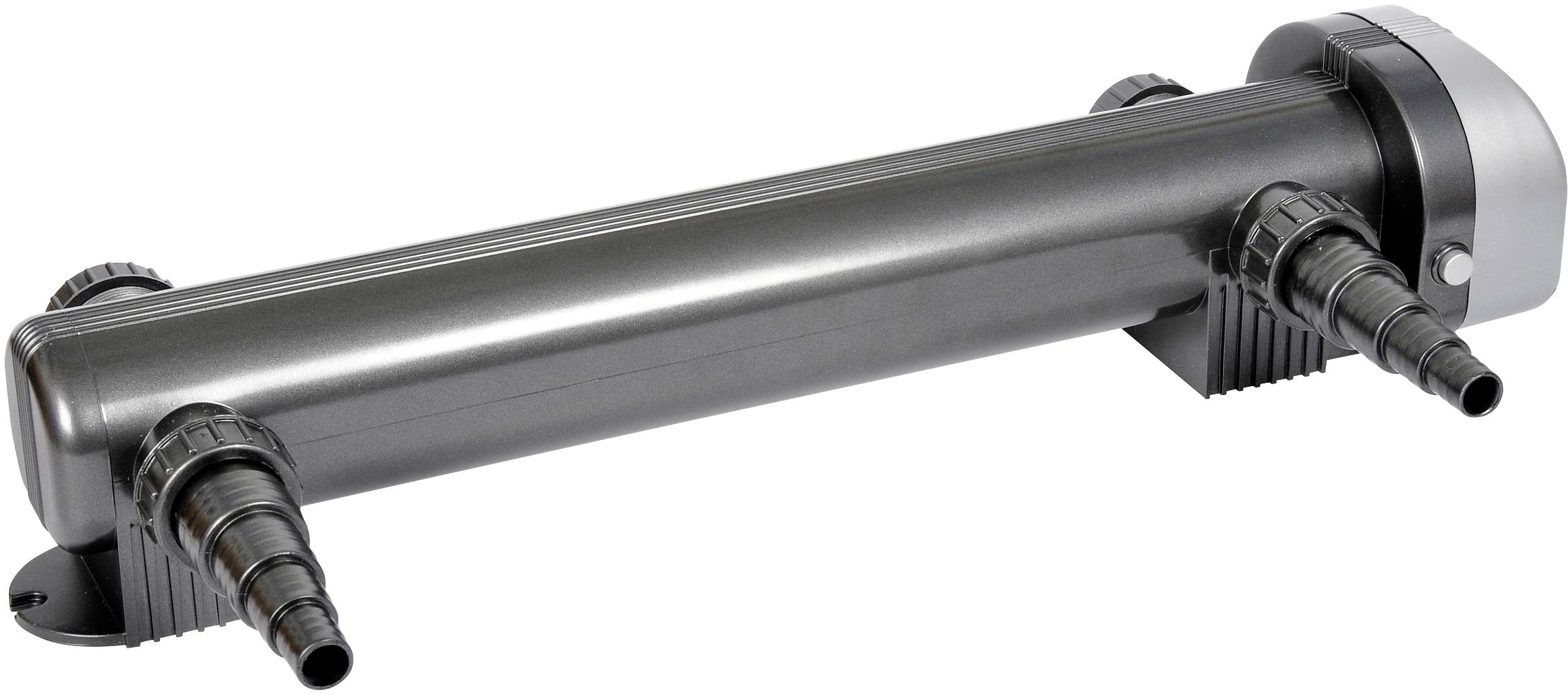 A grey cylinder pump with two lateral connections, used for water transfer in technical applications.