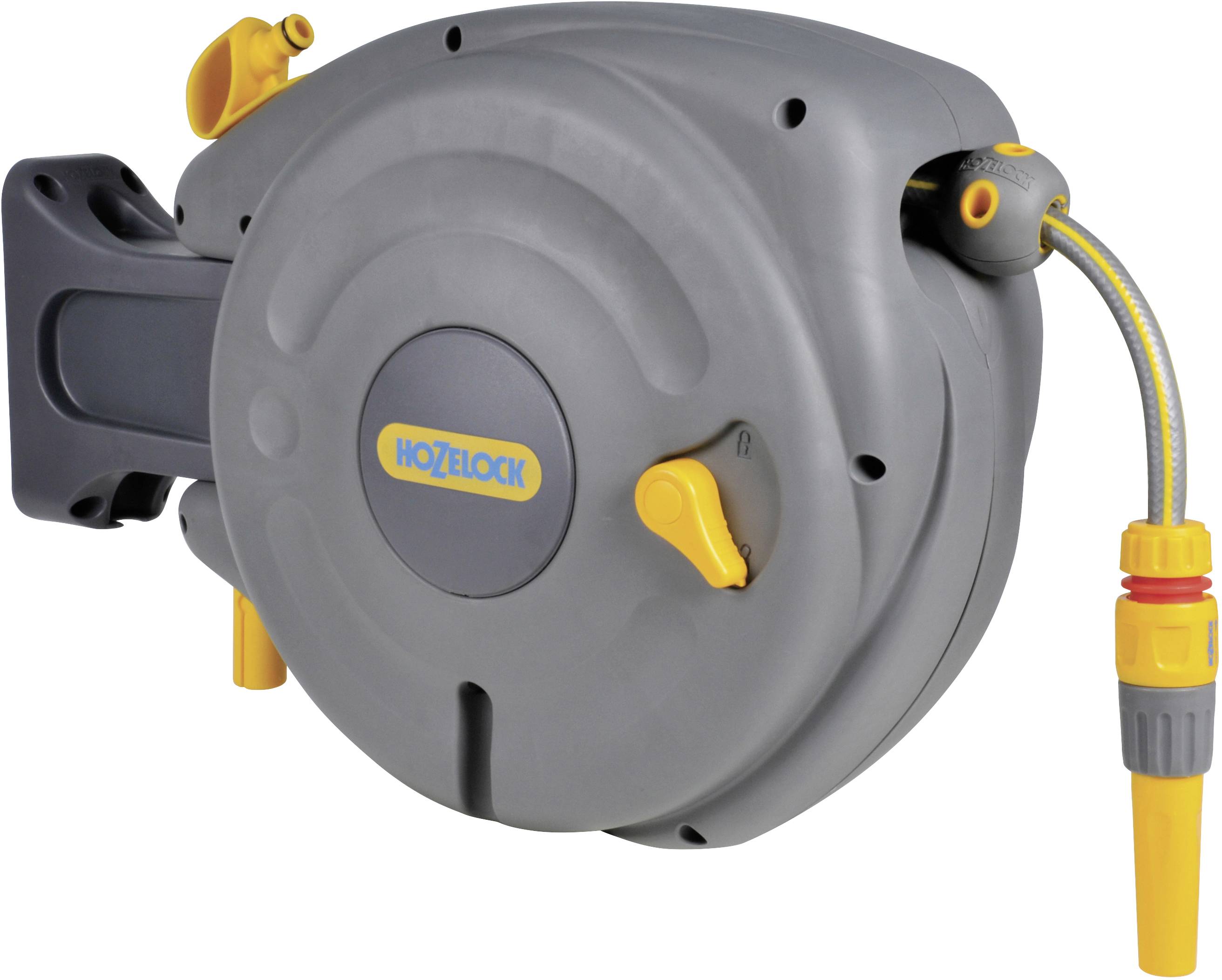 'Grey automatic garden hose reel with yellow details and a marked 'Hozelock' logo in the centre.'