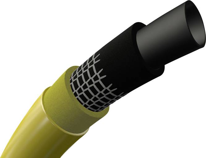 Cross-section of a yellow high-pressure hose with a black reinforced mesh structure, demonstrating flexibility and durability.