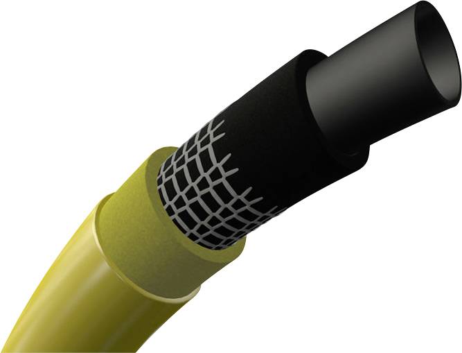A cross-section of a yellow tube with mesh and insulation layers, depicted in a technical diagram.