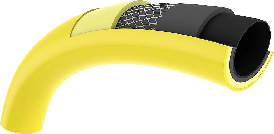 A cross-section of a yellow curved hose shows layers: outer cover, reinforcing mesh, and black inner tube, highlighting construction details.