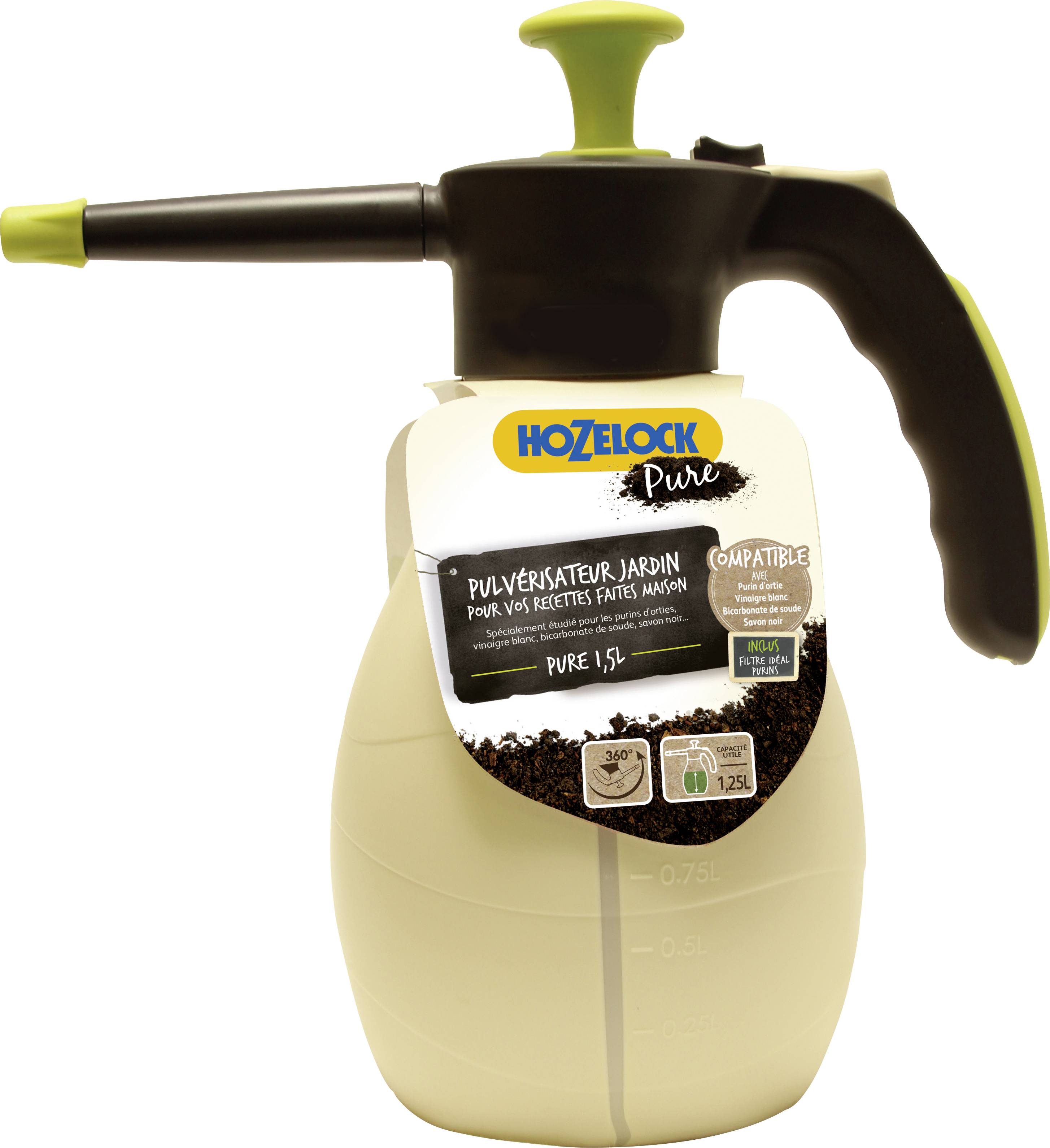 A light brown hand sprayer with a black handle and green accents, brand 'Hozelock Pure', suitable for garden and home recipes, 1.5 litres.