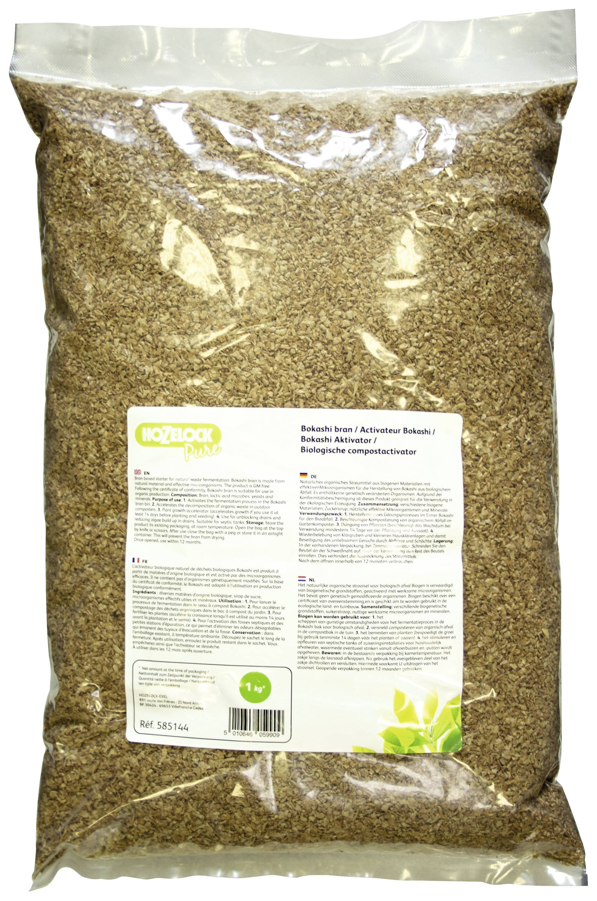 A packet of organic compost activator, showing text and details about application and ingredients on the front of the packaging.