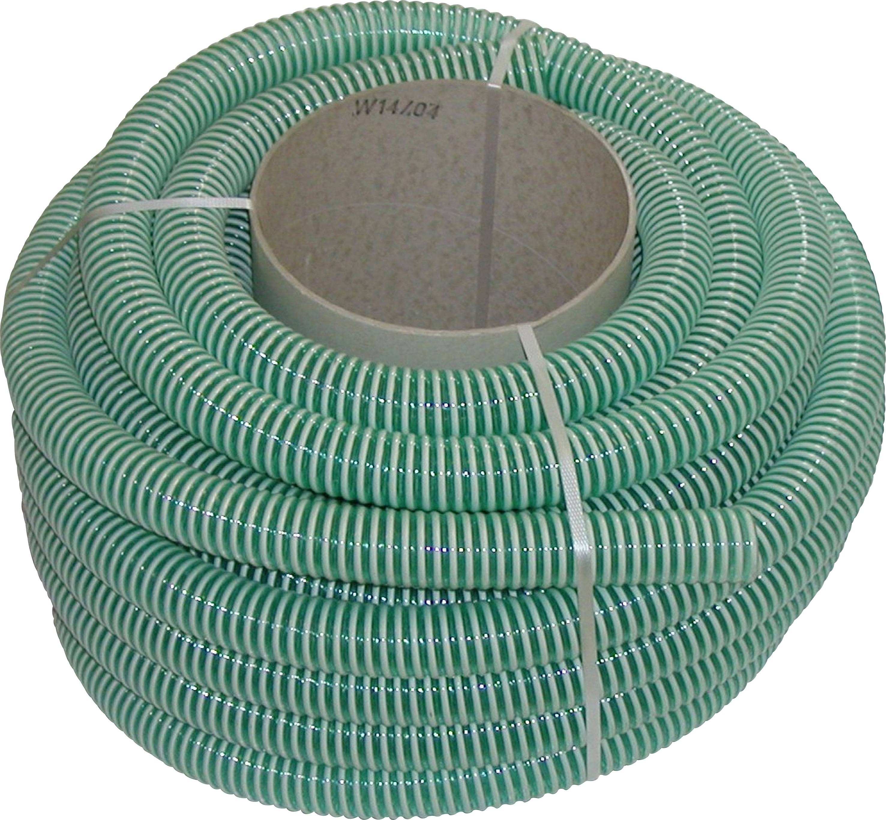A coiled, green spiral suction hose with a white inner section, likely suitable for industrial or garden applications.
