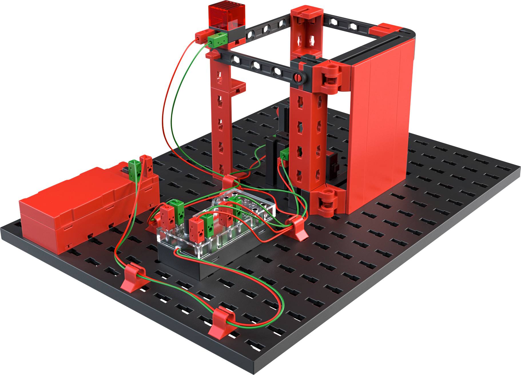 A red and black model construction on a perforated board, with wiring and electronic components, shows a technical project setup.