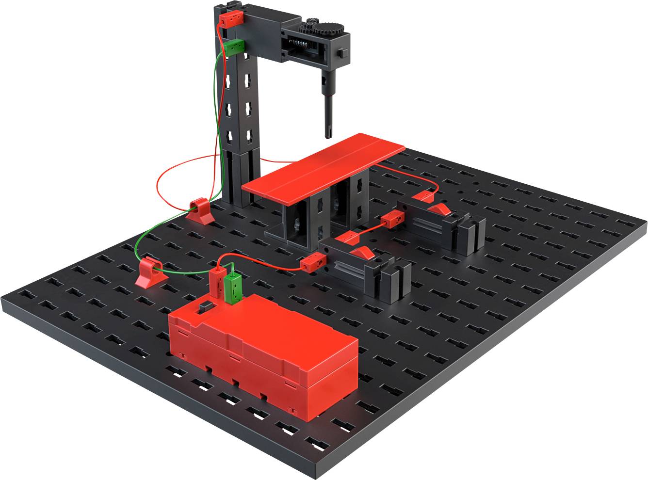 An educational construction kit with components for experimenting in electrical engineering, consisting of a breadboard and electrical components.