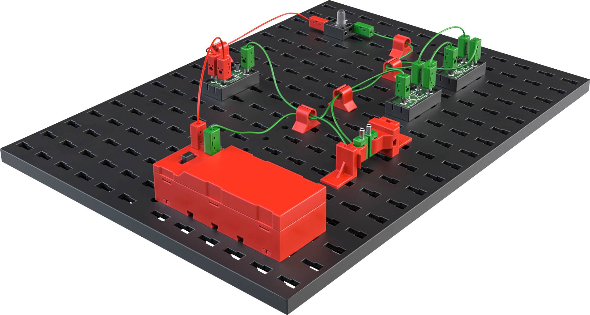 Electronic circuit board with red and green components, connected by wires on a black, perforated base plate.Note: This translation is already in British English and does not require further modification.