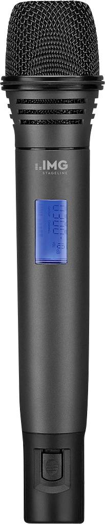 Black handheld microphone with a blue display on the front.