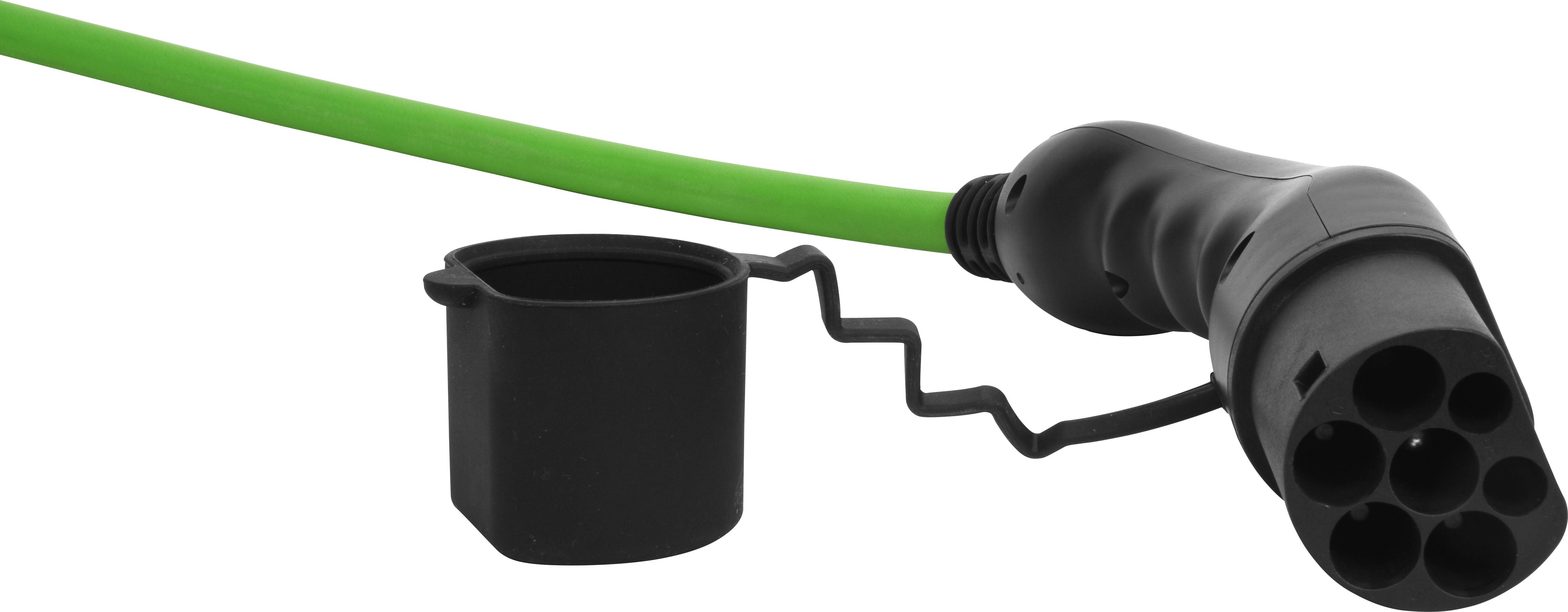 A black electric vehicle charging cable with a green cable shows the charging plug next to a protective cover.
