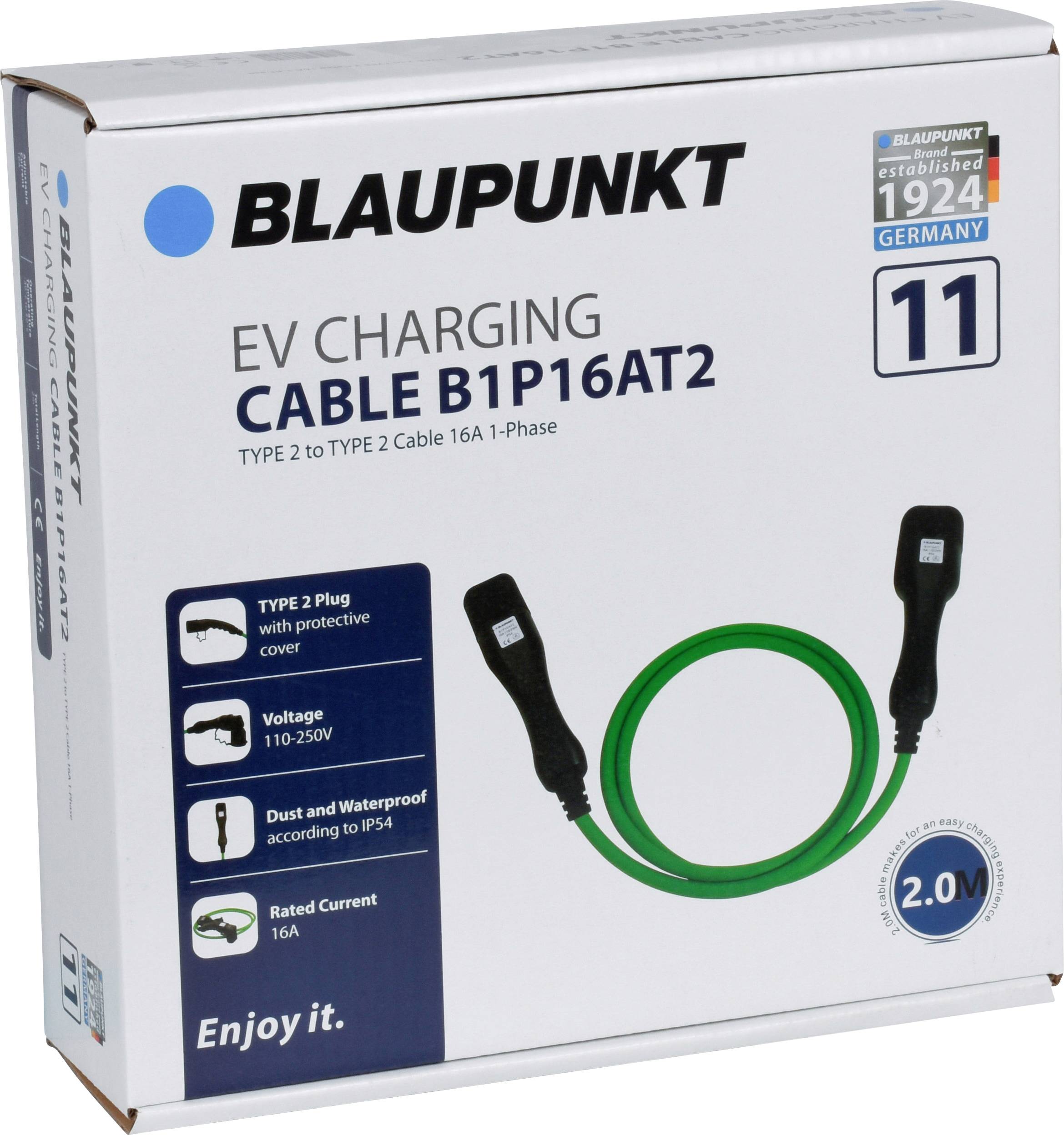 Charging Cable Packaging by Blaupunkt for Electric Vehicles, Model B1P16AT2, compatible with Type 2, 16A, Single-phase, including Protective Caps.