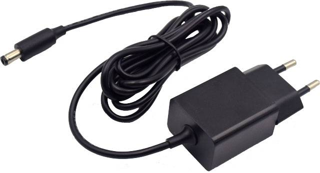 A black charger with a long cable and EU plug.