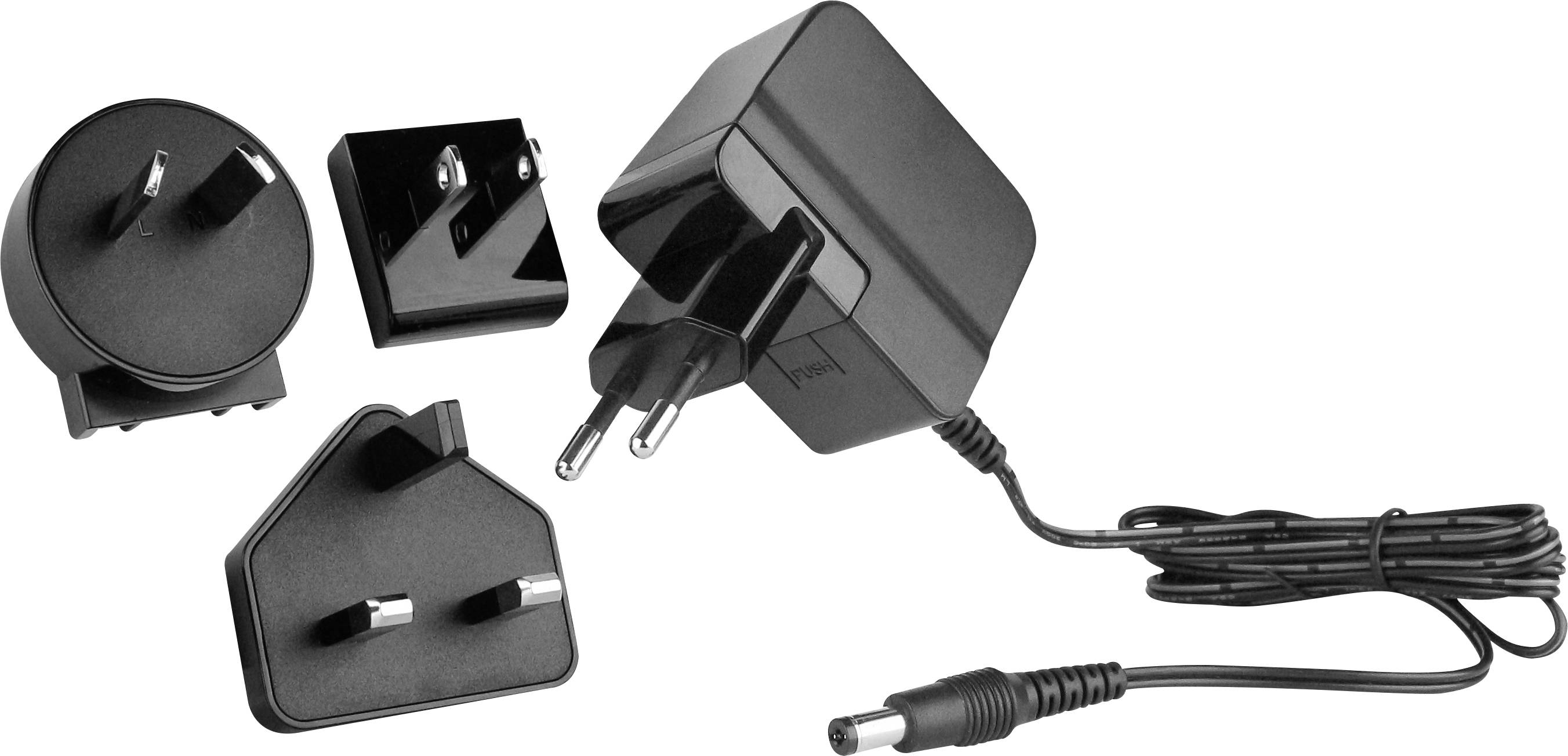 Black power adapter with three interchangeable plug attachments for different socket types. Includes a cable with a round plug.