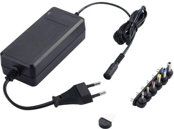 Black power adaptor with multiple interchangeable plugs, suitable for various electronic devices. Connecting cable and adapters included.