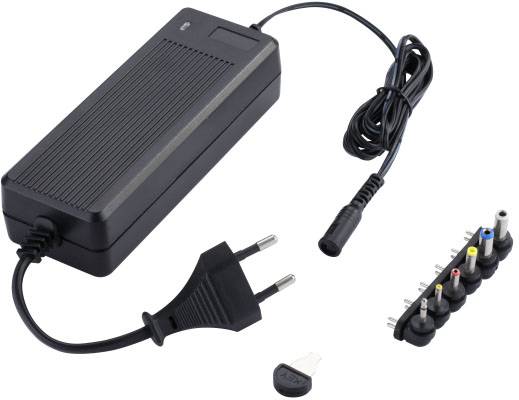 Black power supply with a detachable cable and multiple interchangeable adapters, suitable for various electronic devices.