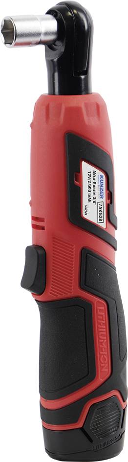 A red, cordless ratchet with black handles and a silver head. It has a button on the handle and a label with specifications.