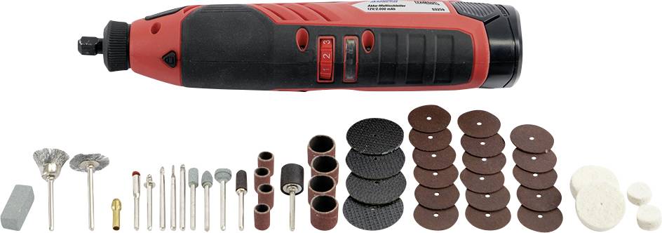 A red and black electric power tool with various attachments, including grinding stones, brushes, and cutting discs, is lying on a white surface.