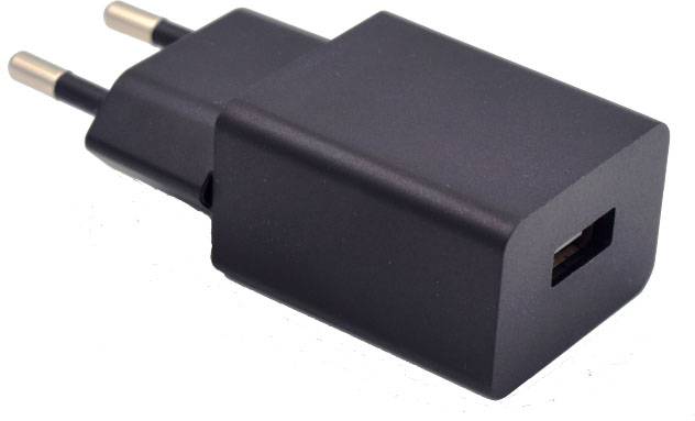 Black USB charger with European plug type and one USB port, suitable for charging mobile devices.