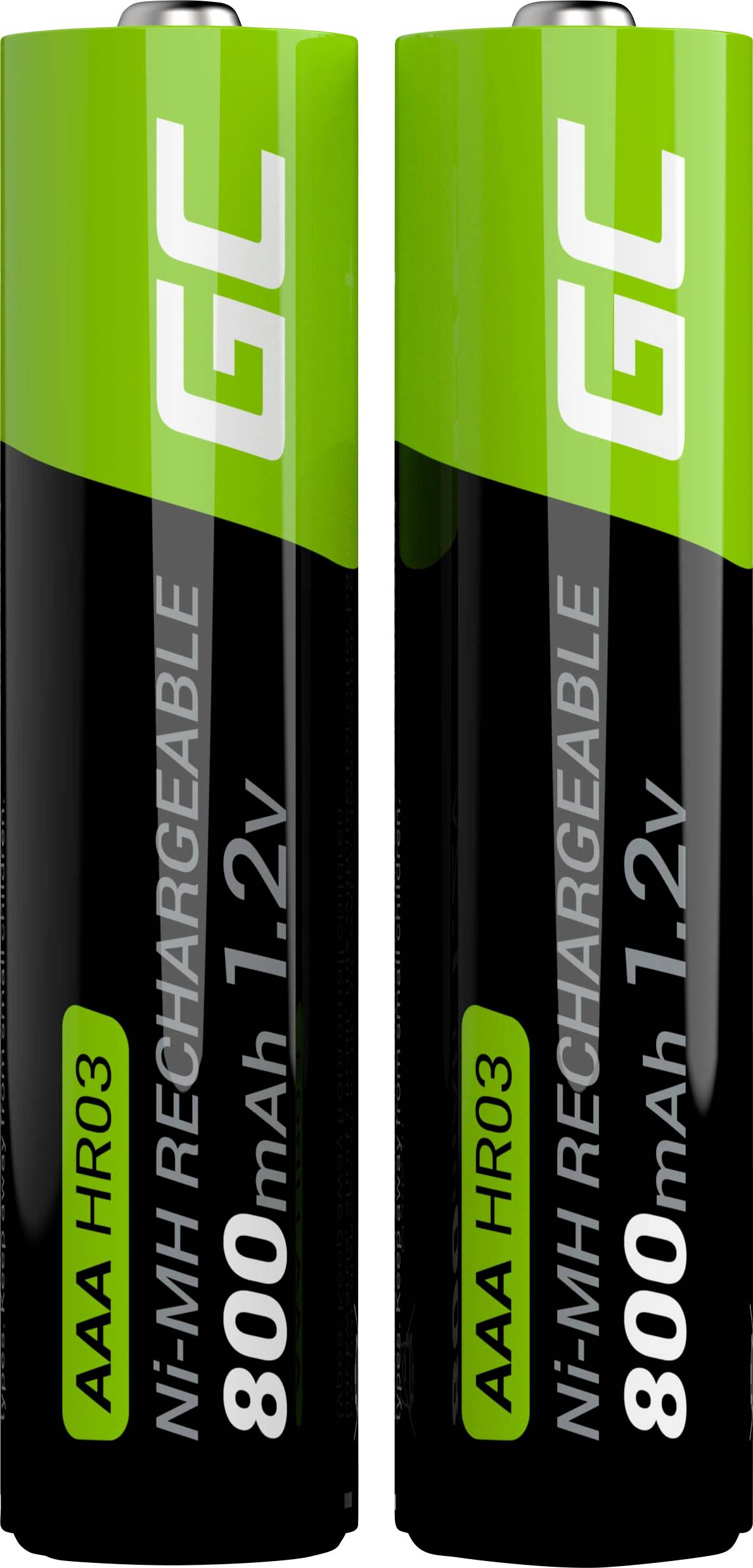 Two upright, rechargeable AAA batteries with 800mAh capacity and 1.2V voltage. Brand logo 'GC' at the top.