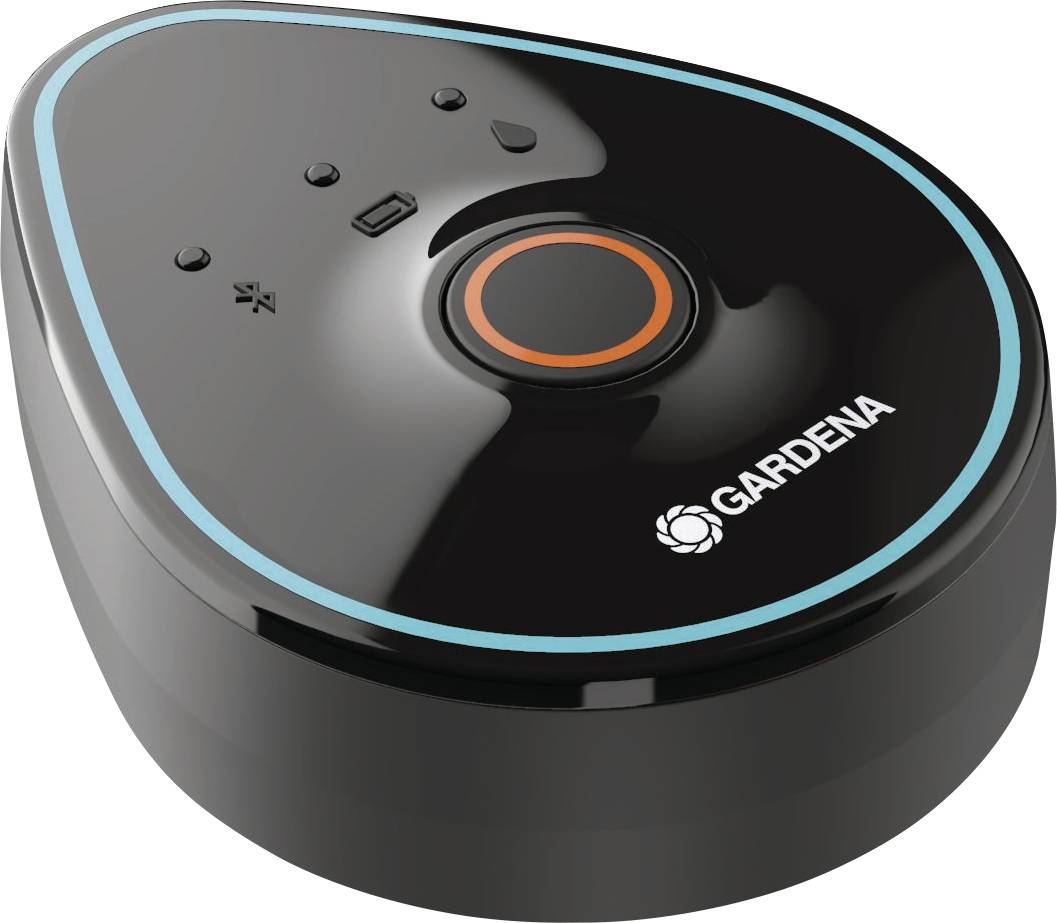 Black, droplet-shaped smart garden device by Gardena with status indicators and a blue border.