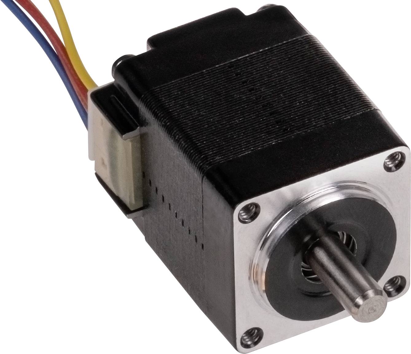 A black stepper motor with a silver front plate and coloured cables.