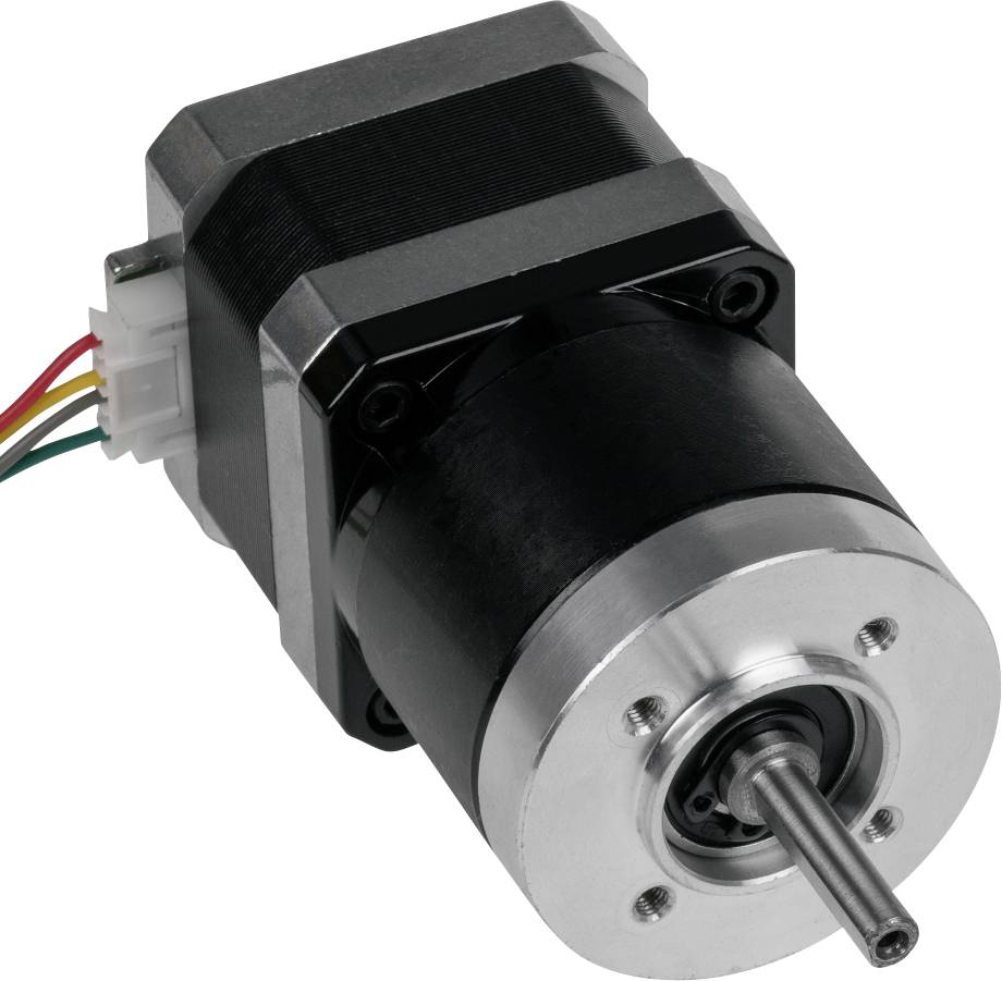 Stepper motor in close-up with visible shaft and cables. Suitable for precise control of machine movements.