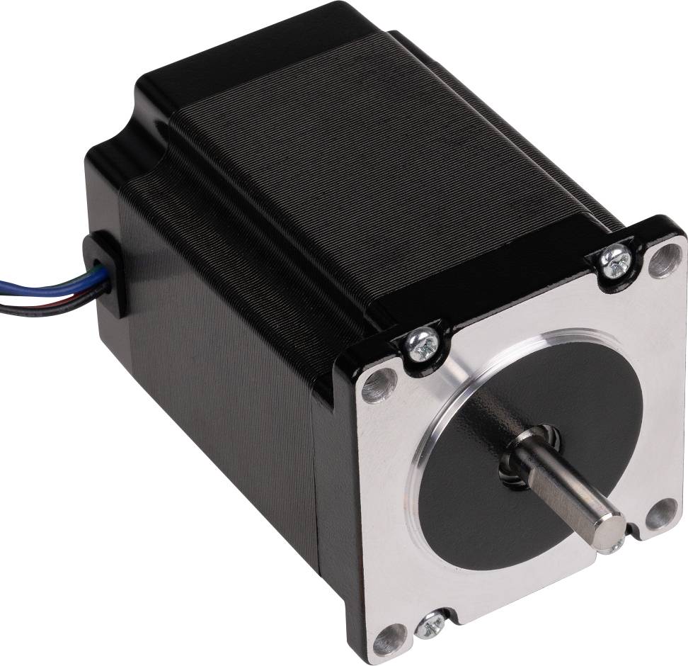 A black stepper motor with a silver front plate and visible screws, showing a protruding axis with cables running along the side.