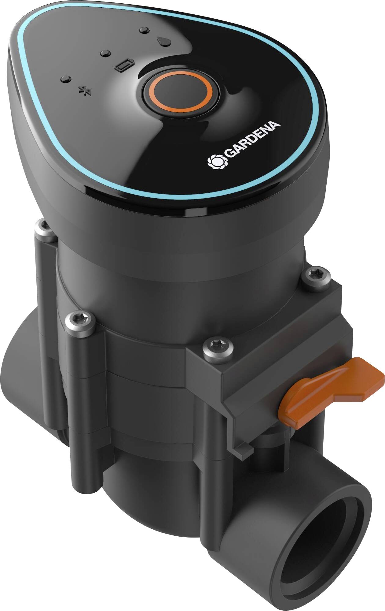 Gardena irrigation valve with a black housing and blue trim, showing a technical mechanism designed for garden watering.